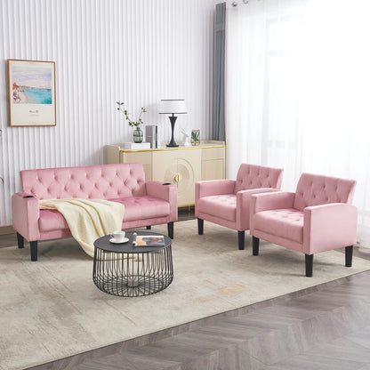 Luxury Sofa Sets: 3-Piece Velvet Sofa Set – Loveseat & 2 Chairs with Tufted Design, & Cup Holders