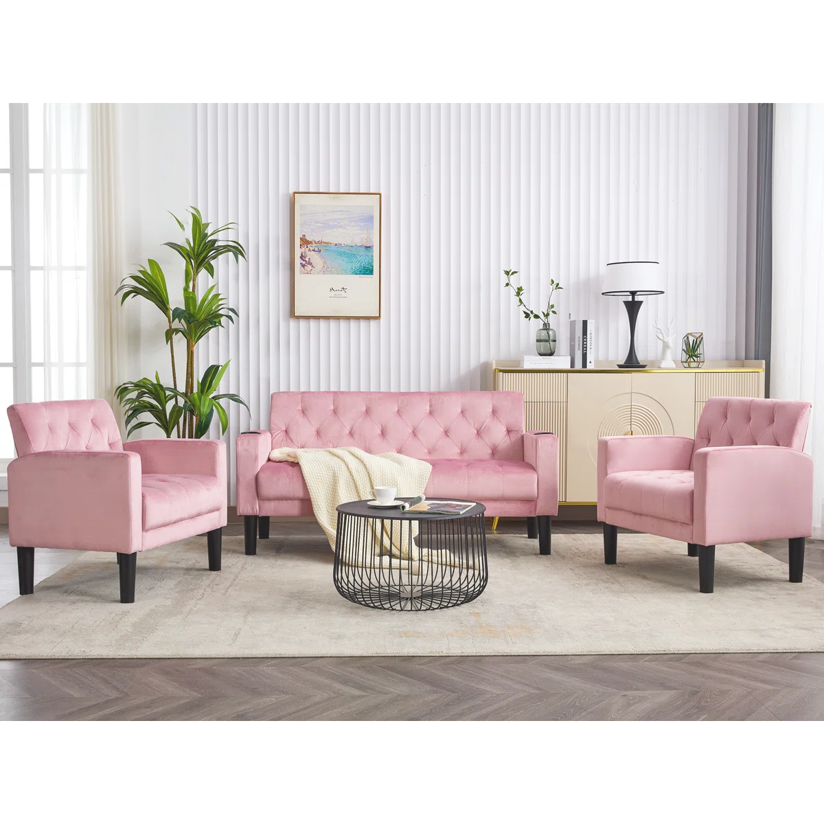 Luxury Sofa Sets: 3-Piece Velvet Sofa Set – Loveseat & 2 Chairs with Tufted Design, & Cup Holders