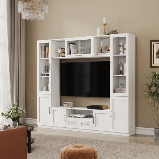 tv panel: Living Room Wall Entertainment Unit with Shelves, Cabinets, and Modern Style