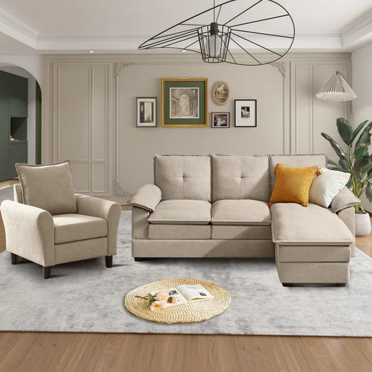 Luxury Sofa Sets: 3-Piece L-Shaped Sectional Sofa Set with Chair & Ottoman