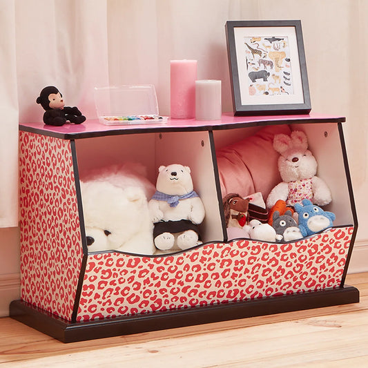 Kids Toy Storage Unit – Leopard Print Cubby in Brown, Red & Pink