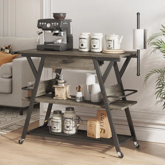Kitchen Island Table: 41.7’’ Bar Cart with Towel & Spice Racks