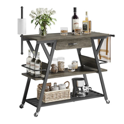 Kitchen Island Table: 41.7’’ Bar Cart with Towel & Spice Racks