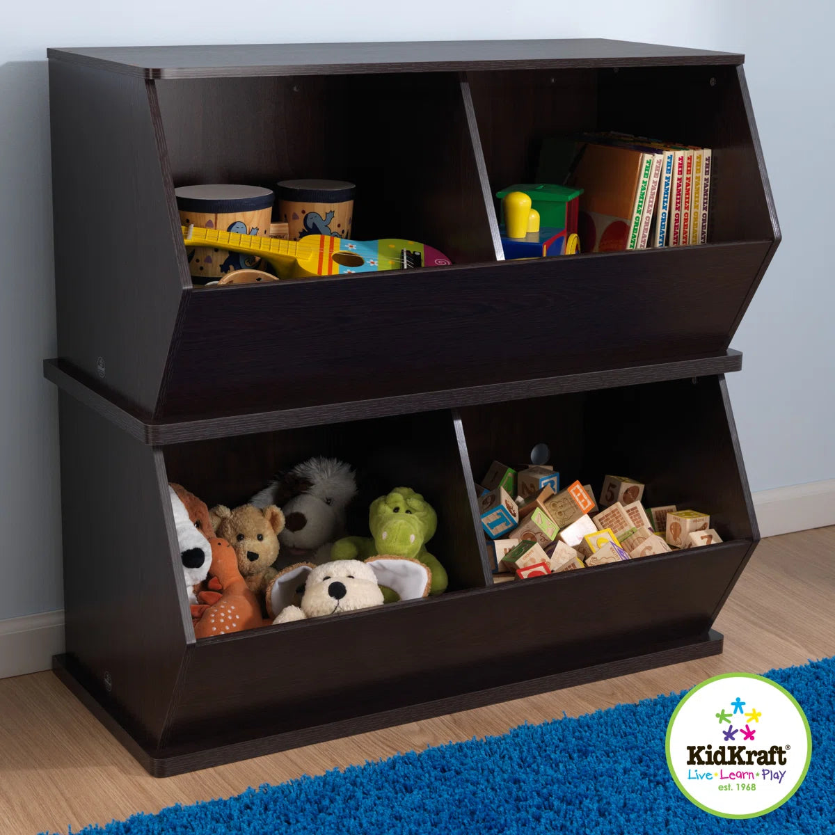 Kids Toy Storage Unit: 34.61'' Wide Wooden Double Bin Organiser with Stackable Design
