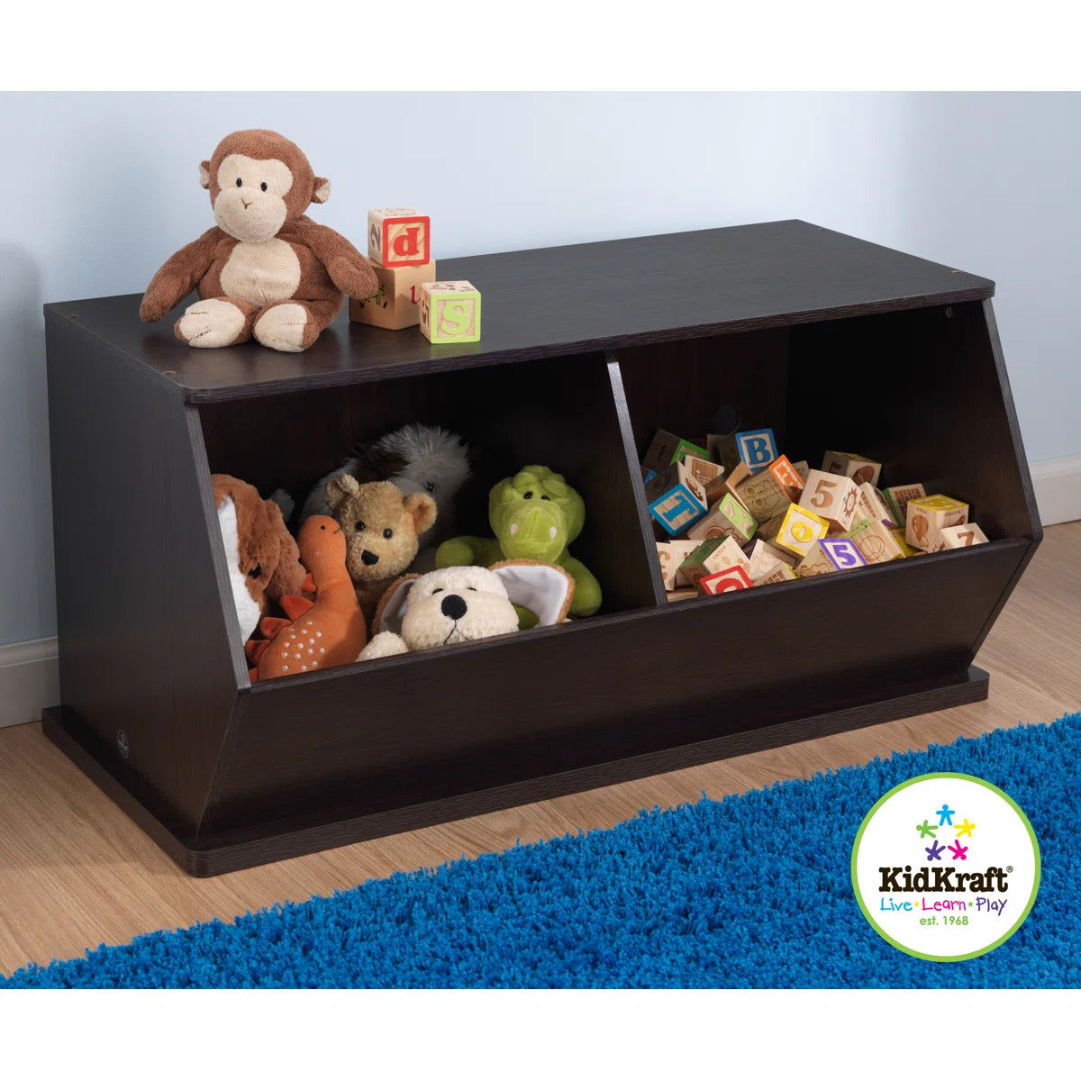 Kids Toy Storage Unit: 34.61'' Wide Wooden Double Bin Organiser with Stackable Design