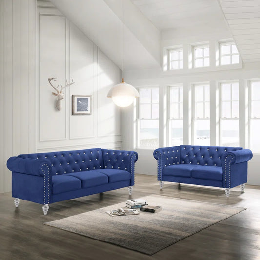 Luxury Sofa Sets: Glam Velvet Sofa Set with Crystal Tufting & Silver Nailhead – Trevin Collection