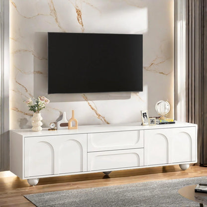 tv panel: Stylish Cream tv panel with Storage Drawers, Cabinets, and 5 Iron Legs
