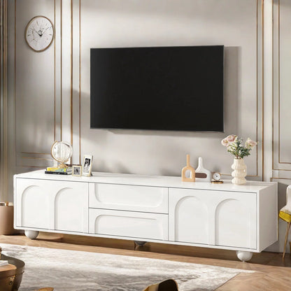 tv panel: Stylish Cream tv panel with Storage Drawers, Cabinets, and 5 Iron Legs