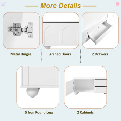 tv panel: Stylish Cream tv panel with Storage Drawers, Cabinets, and 5 Iron Legs