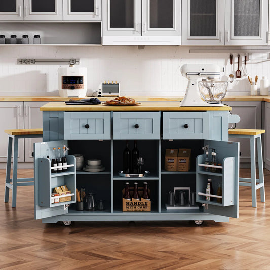 Kitchen Island Table: 53.14" Wide 3-Piece Set with Bar Stools, Power Outlets &amp; Storage