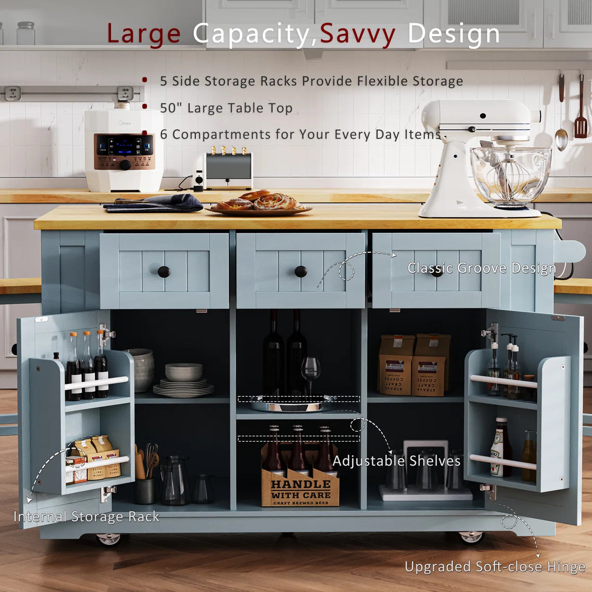 Kitchen Island Table: 53.14" Wide 3-Piece Set with Bar Stools, Power Outlets &amp; Storage