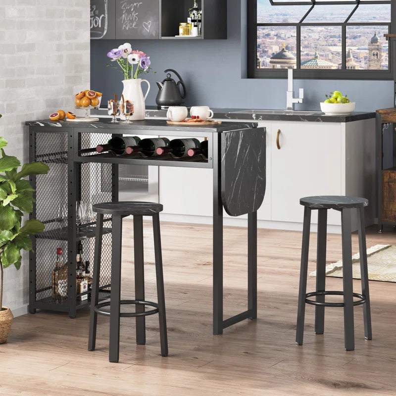 Kitchen Island Table: 55.1''Wide Steel &amp; Wood 3-Piece Dining Table with Drop Leaf and Stools