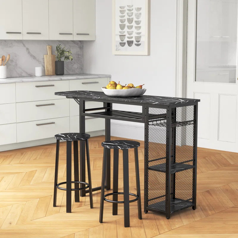 Kitchen Island Table: 55.1''Wide Steel &amp; Wood 3-Piece Dining Table with Drop Leaf and Stools