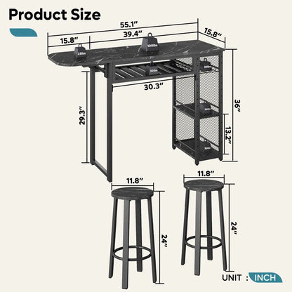 Kitchen Island Table: 55.1''Wide Steel &amp; Wood 3-Piece Dining Table with Drop Leaf and Stools