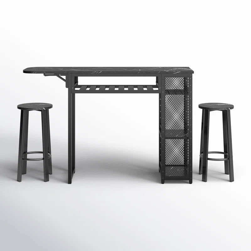 Kitchen Island Table: 55.1''Wide Steel &amp; Wood 3-Piece Dining Table with Drop Leaf and Stools