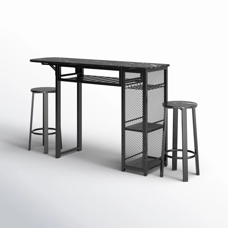Kitchen Island Table: 55.1''Wide Steel &amp; Wood 3-Piece Dining Table with Drop Leaf and Stools
