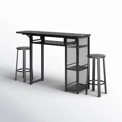 Kitchen Island Table: 55.1''Wide Steel &amp; Wood 3-Piece Dining Table with Drop Leaf and Stools