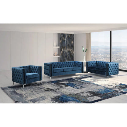 Luxury Sofa Sets: 3-Piece Navy Blue Velvet Sofa Set with Nailhead Trim