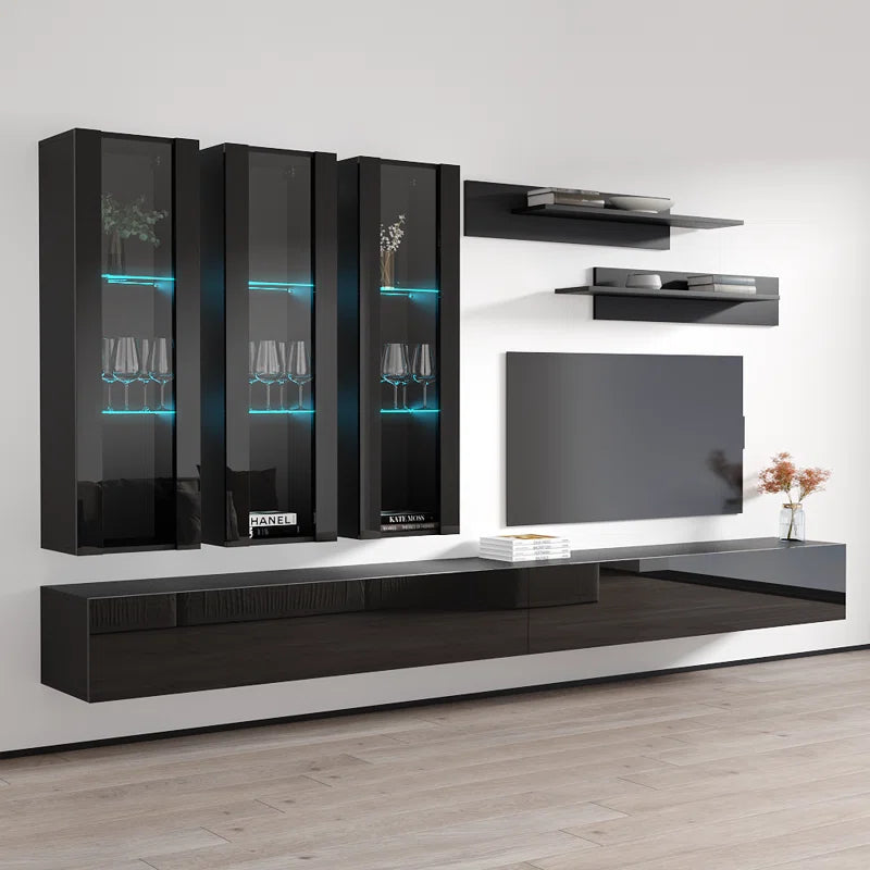 tv panel: 88" Floating Media Console with Storage Shelves and Contemporary Style