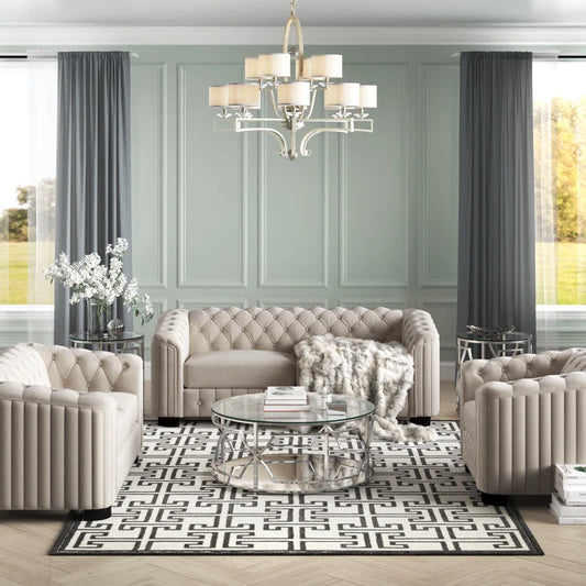 Luxury Sofa Sets: 3-Piece Velvet Sofa Set with Tufted Detailing and Mid-Century Legs