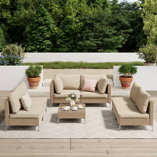 7 Seater Sofa Set: 6-Person Modular Patio  Sofa Set with Cushions