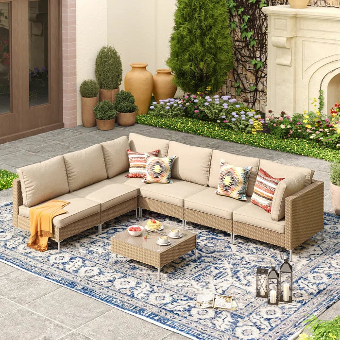 7 Seater Sofa Set: 6-Person Modular Patio  Sofa Set with Cushions