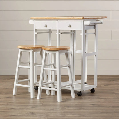 Kitchen Island Table: 32'' Wide White Solid Wood 3-Piece Set with Drop Leaf & Stools