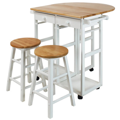 Kitchen Island Table: 32'' Wide White Solid Wood 3-Piece Set with Drop Leaf & Stools