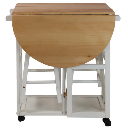 Kitchen Island Table: 32'' Wide White Solid Wood 3-Piece Set with Drop Leaf & Stools
