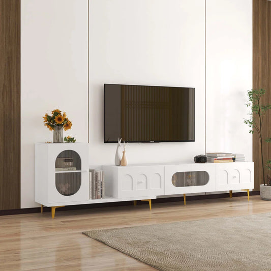 tv panel: Modern wood TV console, extendable entertainment center for bedroom or living room spaces