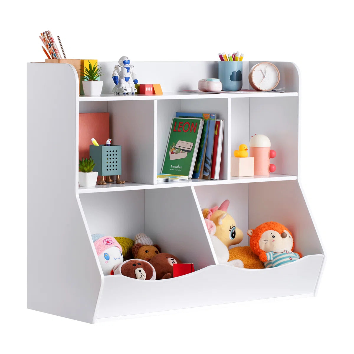 Kids Toy Storage Unit: 5-Compartment Organiser with Bookshelf