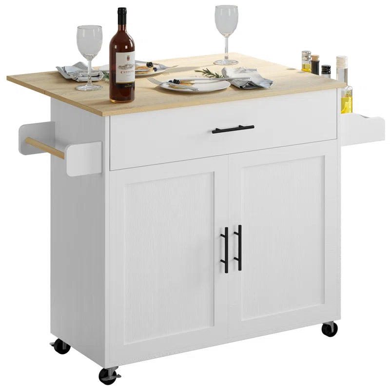 Kitchen Island Table: 47.25'' Wide Drop leaf extends Also with a spice rack and a towel bar