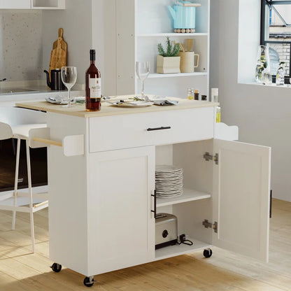 Kitchen Island Table: 47.25'' Wide Drop leaf extends Also with a spice rack and a towel bar