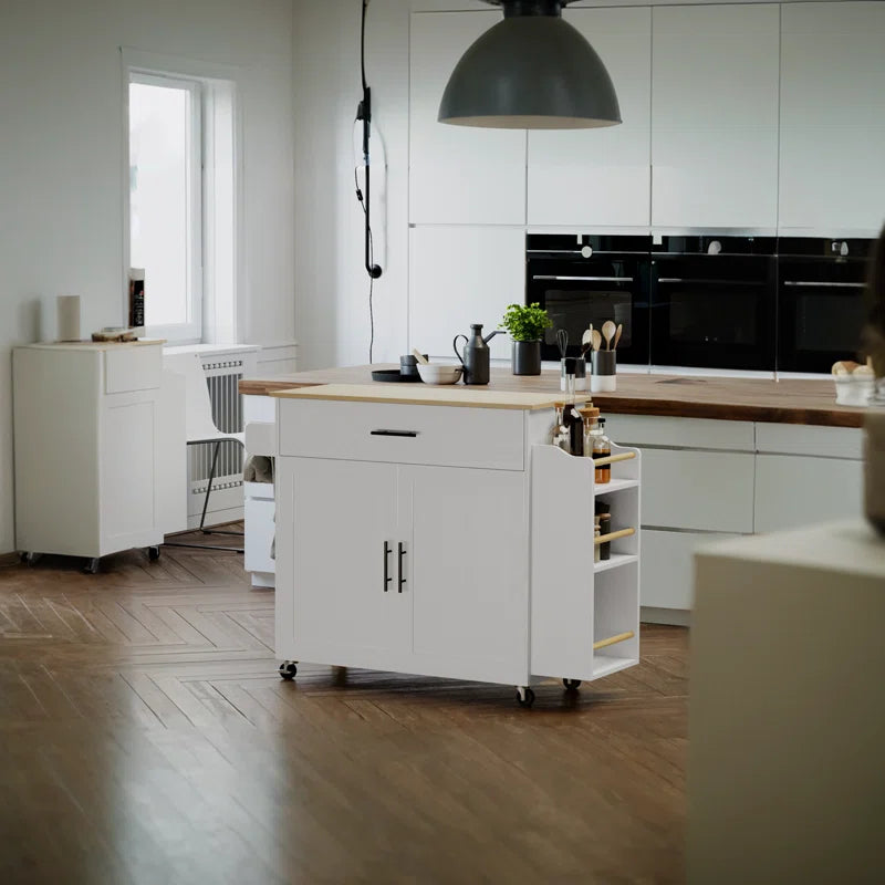 Kitchen Island Table: 47.25'' Wide Drop leaf extends Also with a spice rack and a towel bar