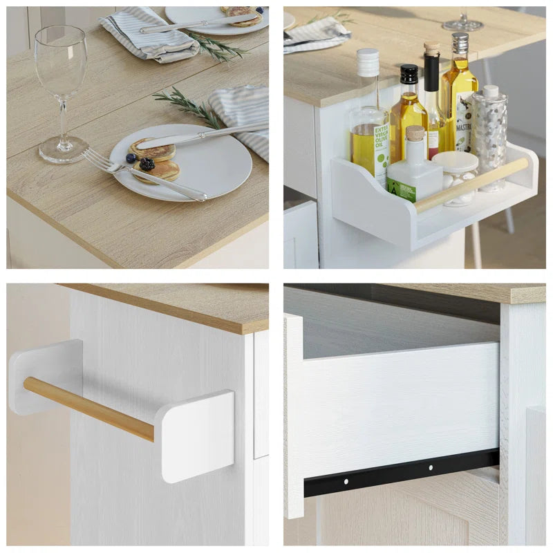 Kitchen Island Table: 47.25'' Wide Drop leaf extends Also with a spice rack and a towel bar