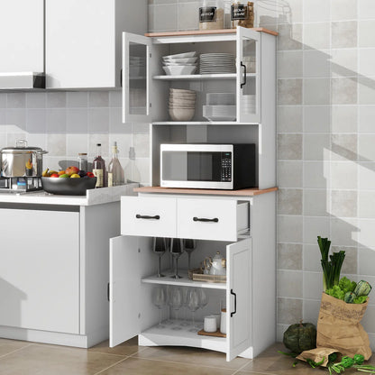 Microwave Stands : White Wooden Kitchen Cabinet with Glass Doors & Drawer – Elegant Pantry Storage Unit