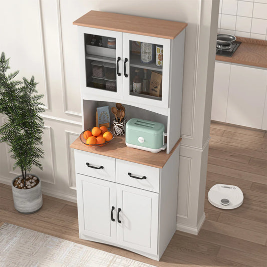 Microwave Stands : White Wooden Kitchen Cabinet with Glass Doors & Drawer – Elegant Pantry Storage Unit