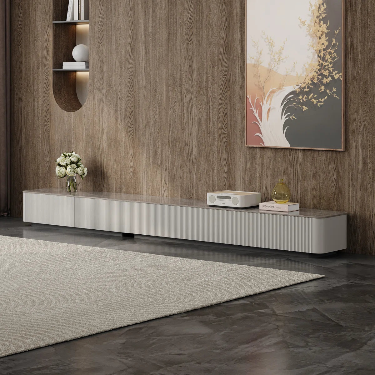 tv panel: TV cabinet with rock panel top and electroplated stainless steel frame