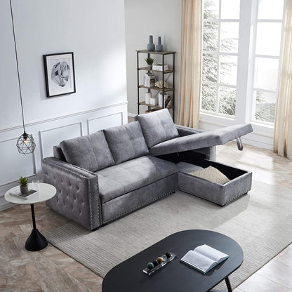 2 Seater Sofa Set: Grey Velvet L- Shaped Sleeper Sofa