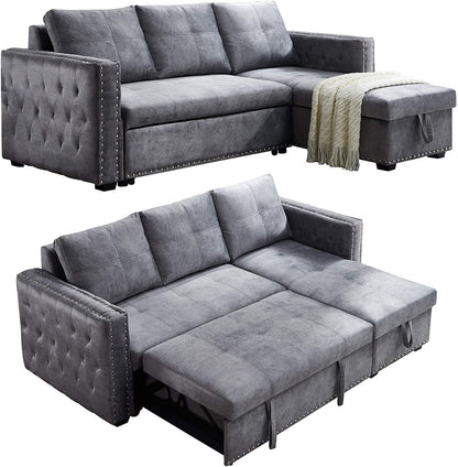2 Seater Sofa Set: Grey Velvet L- Shaped Sleeper Sofa