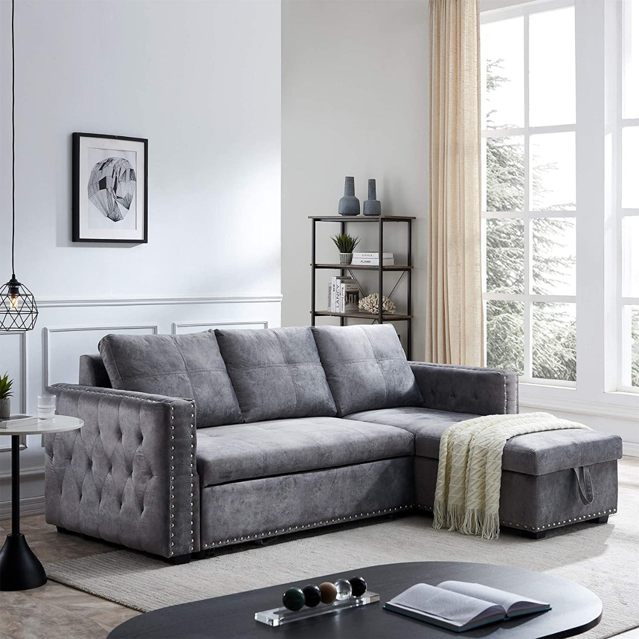 2 Seater Sofa Set: Grey Velvet L- Shaped Sleeper Sofa