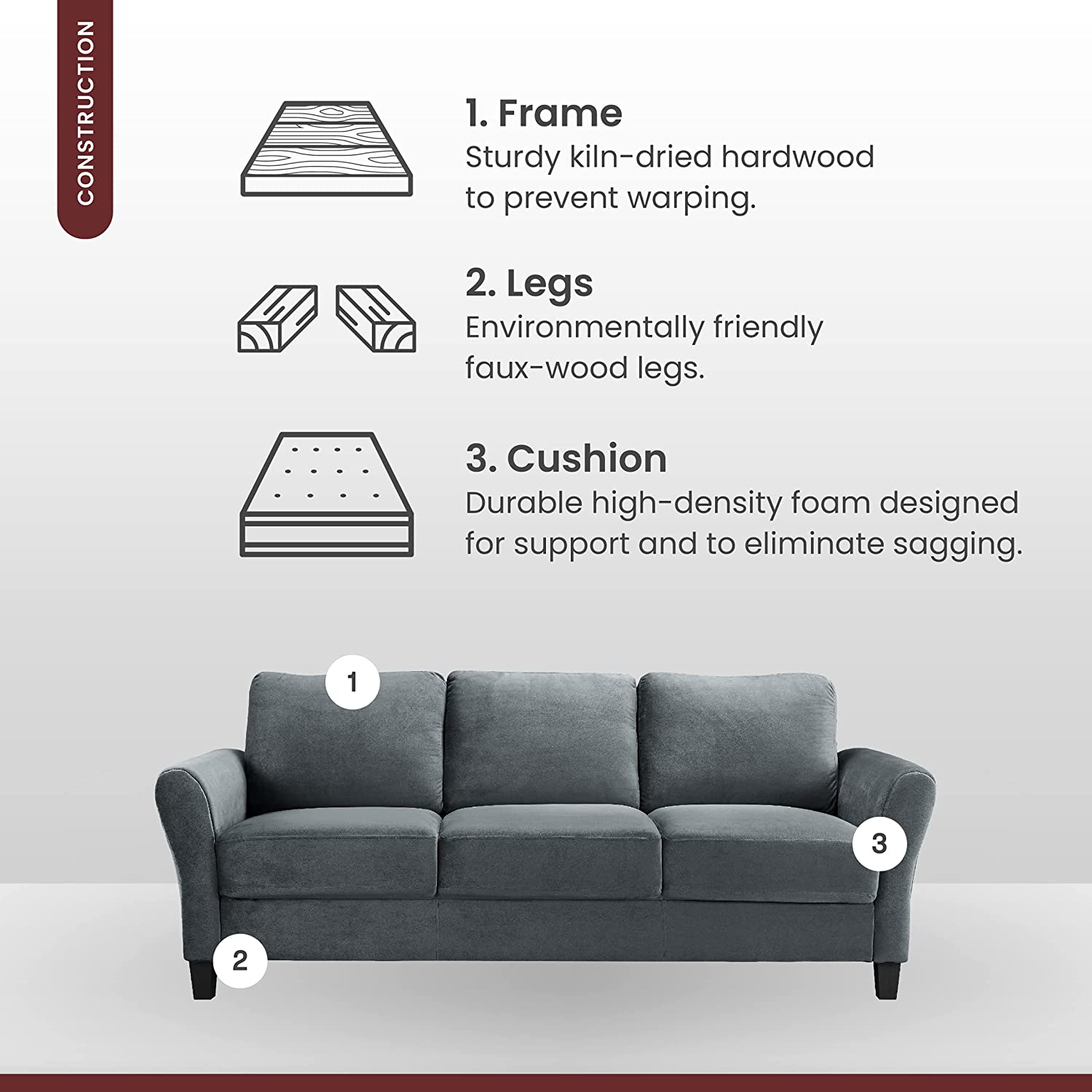3 Seater Sofa : Dark Grey Fabric Sofa Set
