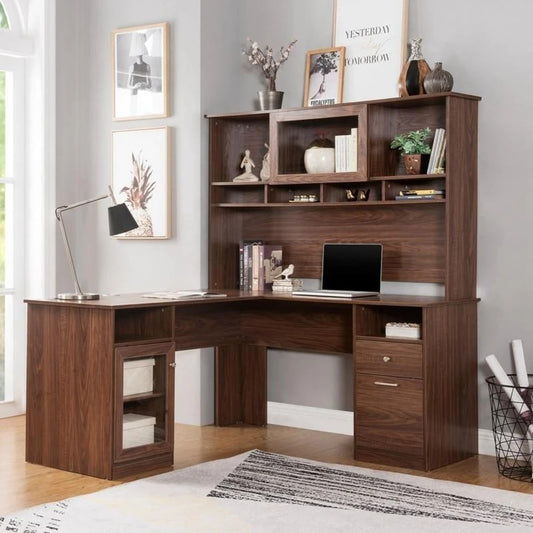 Computer Desk: Gleaming Brown Efficacious and Expensive L-Shaped Desk With Hutch And Glass Doors