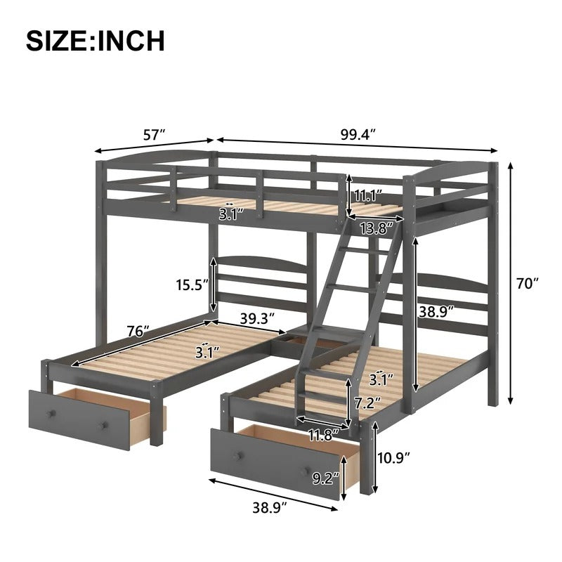 Bunk Bed: 3 Drawer Triple Quad Bunk Bed