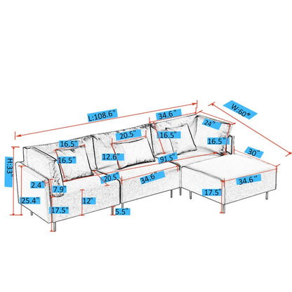 4 Seater Sofa Set: 109'' Square Arm L Shape Sofa Set