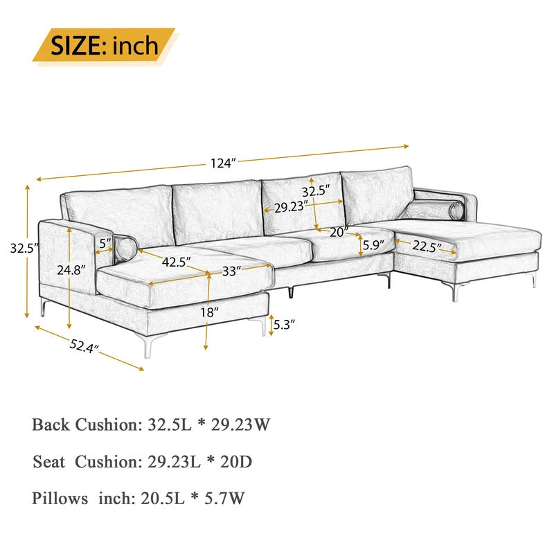 4 Seater Sofa Set: 124'' Velvet Flared Arm Slipcovered Sofa