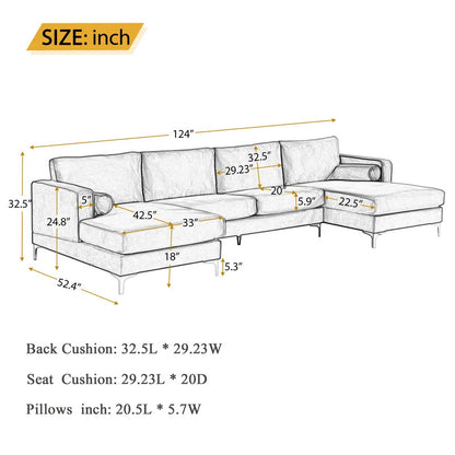 4 Seater Sofa Set: 124'' Velvet Flared Arm Slipcovered Sofa