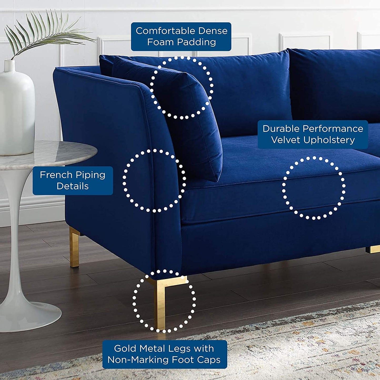 4 Seater Sofa Set : 134'' Velvet Flared Arm Modular Sofa Set