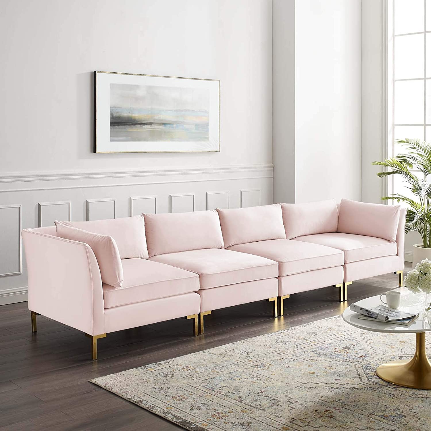 4 Seater Sofa Set : 134'' Velvet Flared Arm Modular Sofa Set