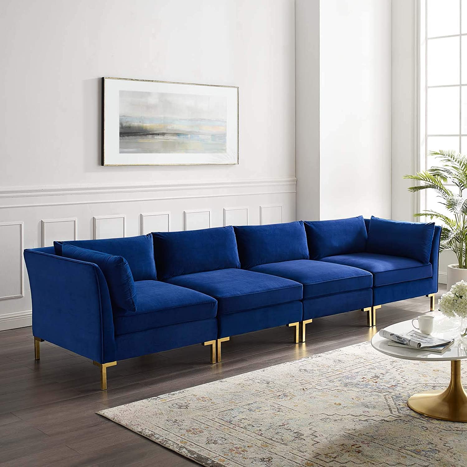 4 Seater Sofa Set : 134'' Velvet Flared Arm Modular Sofa Set